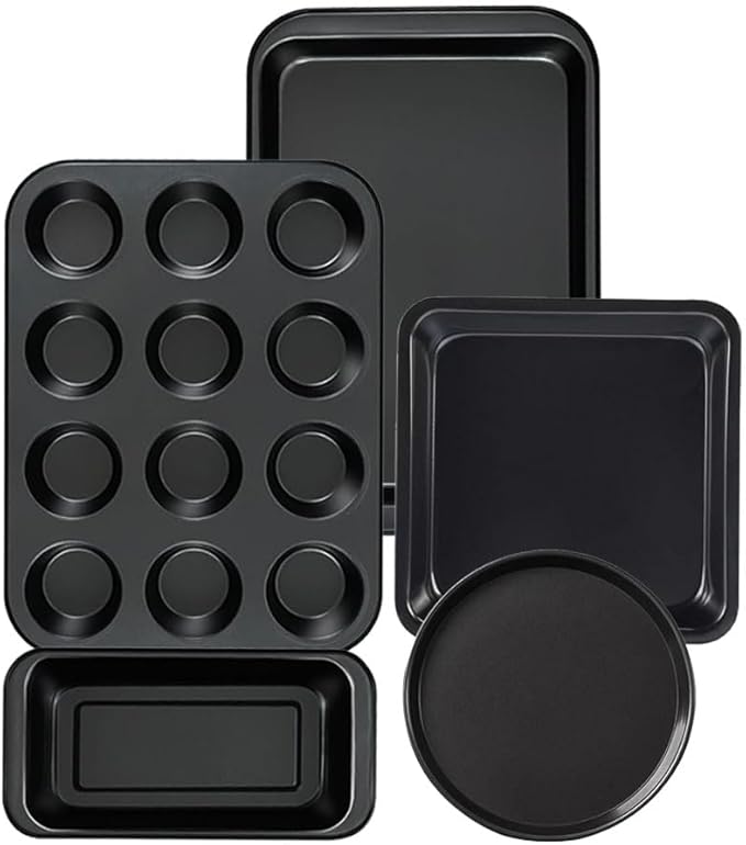 Nonstick Baking Pans Set for Oven, 5-Piece Bakeware Kit with Round & Square Cake Pan, Muffin Pan, Loaf Pan, Baking Sheets by QUDUME Kitchen Cookware Baking Supplies