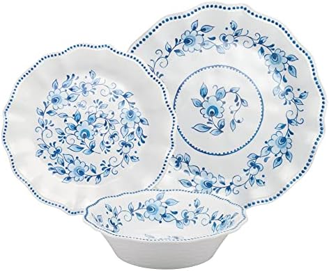 UPware 12 Piece Blue and White Floral Melamine Dinnerware Sets, Outdoor Dishes Set, Plates and Bowls Sets, Service for 4, Blue - Image 2