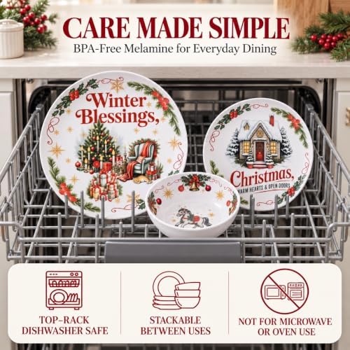 Vintage Christmas Dinnerware Set for 4, 12-Piece Melamine Dish Set - Image 6