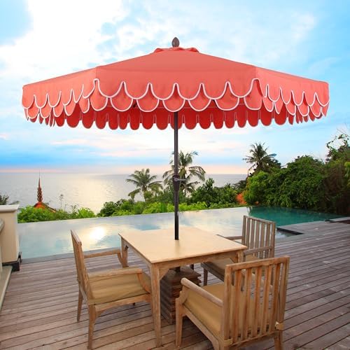 JONATHAN Y Tracy 9' Scalloped Market Patio Umbrella, Coral Red/Dark Brown - Image 2