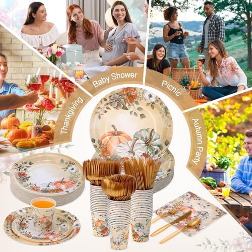 350pcs Thanksgiving Fall Dinnerware Paper Plate Napkins, Pumpkin Floral - Image 3