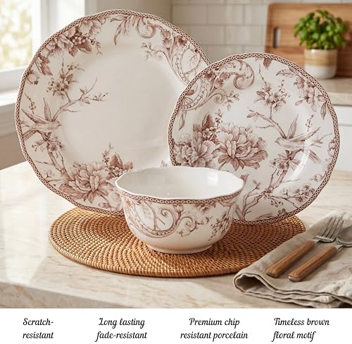 222 Fifth Adelaide Brown on White 12-Piece Dinnerware Set – Service for 4, Big Dinner Plates and Bowls Sets,Durable Porcelain, Microwave and Dishwasher Safe, for Everyday Dining & Entertainment - Image 3