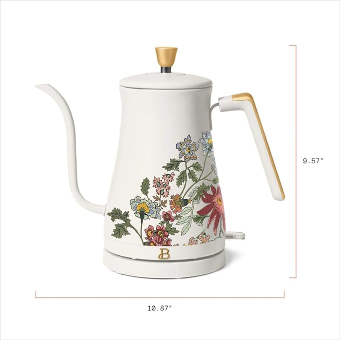 Beautiful 1L Electric Gooseneck Kettle, Precision Pour Spout, 1200W Fast Boil, Auto Shut-Off, Cordless, Stainless Steel, Tea & Coffee Maker with Ergonomic Handle, Wildflower White Icing