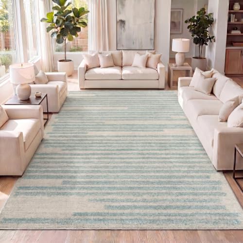 JONATHAN Y Khalil Modern Berber Stripe Cream/Turquoise Indoor Area Rug, 4x6, Contemporary, Bohemian, Easy-Cleaning for Living Room, Bedroom, Kitchen, Pet Friendly, Non-Shedding (MOH207B-4) by JONATHANY