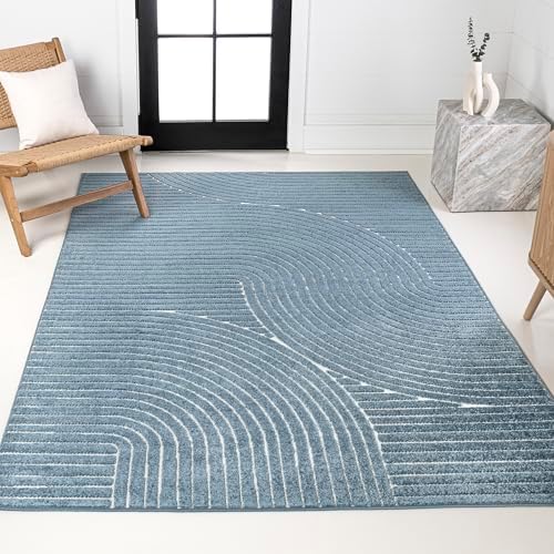 JONATHAN Y Hallie High-Low Curve Dark Blue/Cream 5x8 Indoor/Outdoor Area Rug, Minimalist Geometric, Pet Friendly, for Patio, Backyard, Living Room, Bedroom, Office, Hose-Washable (SCN100C-5) - Image 4