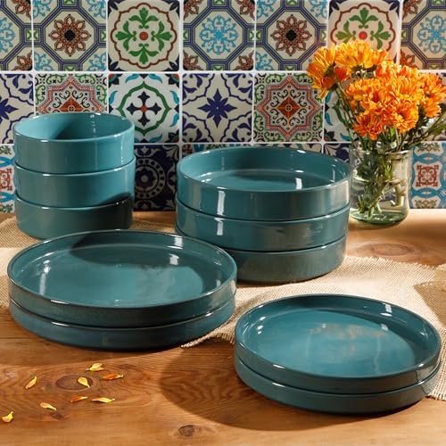 Bloomhouse - Two Time Oprah's Favorite Things Winner - Santorini Mist Double Bowl Terracotta Reactive Glaze Plates and Bowls Dinnerware Set - Jade Blue Green, Service for Four (16pcs) - Image 4