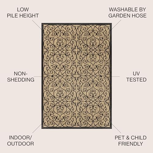 JONATHAN Y Vintage Filigree Indoor Outdoor Square Area Rug 4X4 Black/Khaki, Madrid Textured Weave for Backyard, Patio, Porch, Easy-Cleaning, High Traffic, Pet-Friendly, Non-Shedding (SMB107A-4SQ) - Image 2