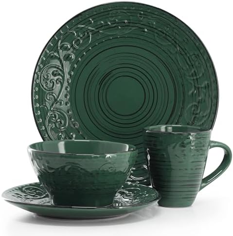 Elama Malibu Sea Glass 16-Piece Stoneware Embossed Pattern Reactive Glaze Dark Green Dinnerware Set, Tableware, Serveware Set (Sea Glass Green) - Image 2