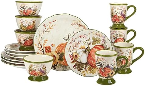 Harvest Morning 16-Piece Ceramic Dinnerware Set, Service for 4 – Celebrate autumn with vibrant pumpkins and florals, perfect for cozy family meals, Thanksgiving gatherings, and fall entertaining by CERTIFIEDINTERNATIONAL