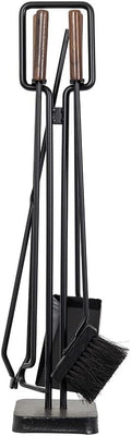 Modern Ember Levi 5 Piece Fireplace Tool Set in Black with Walnut Wood Handles | Includes Brush, Shovel, Fire Poker, Tongs, and Stand | Heavy-Duty Steel | Heat-Resistant Powder Coating