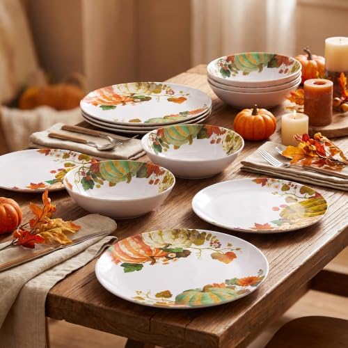 12Pcs Fall Melamine Dinnerware Set, Pumpkin Plates and Bowls Set for 4 - Image 5