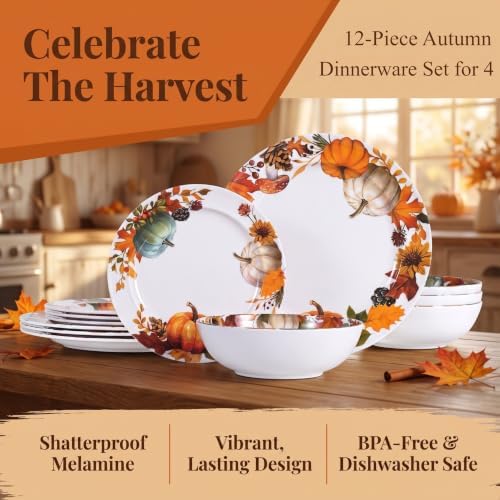 12‑Piece Autumn Dinnerware Sets, Melamine Plates & Bowls Sets of 4 - Image 3
