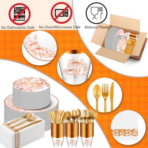 175 Pcs Rosh Hashanah Fall Plastic Dinnerware Set, Pumpkin, Orange - Image 3
