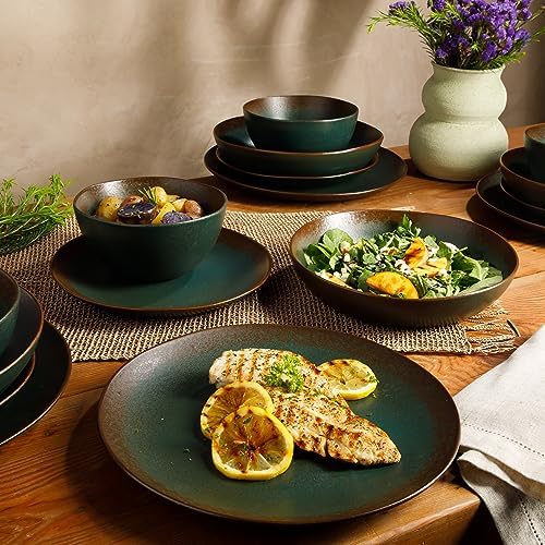 Bloomhouse - Two Time Oprah's Favorite Things Winner - Palermo Sun Double Bowl Stoneware Reactive Glaze Plates and Bowls Dinnerware Set - Agave Blue, Service for Four (16pcs) - Image 5
