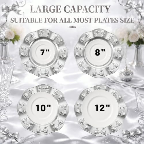 Havawish 8 Pcs 13 Inch Charger Plates, Decorative Round Dinner Plates with Bow Edge Embossed Rim for Wedding Party, Thanksgiving, Home Kitchen, Banquet Table Setting (Silver) - Image 3