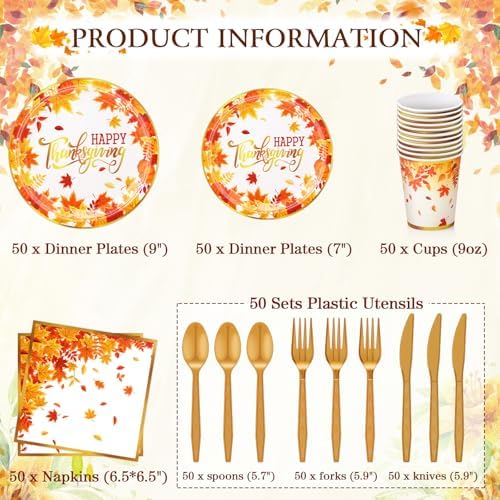 Ziliny 350pcs Thanksgiving Fall Dinnerware Paper Plate Napkins, Maple Leaf - Image 2