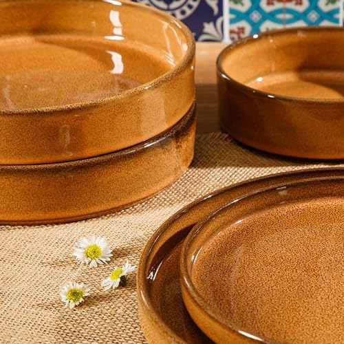 Bloomhouse - Two Time Oprah's Favorite Things Winner - Santorini Mist Double Bowl Terracotta Reactive Glaze Plates and Bowls Dinnerware Set - Amber, Service for Four (16pcs) - Image 5