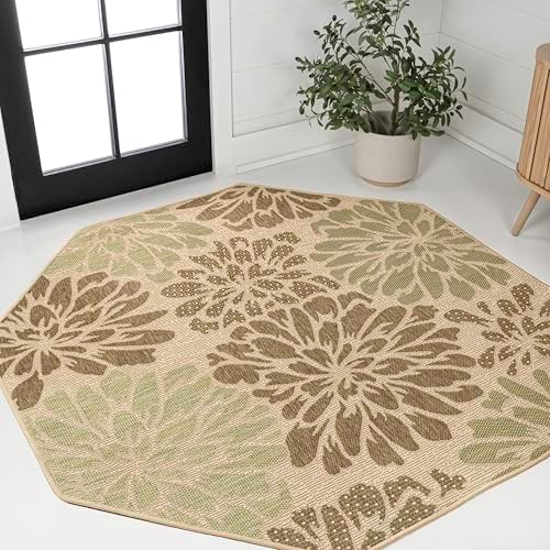 JONATHAN Y Floral Textured Weave Indoor Outdoor Octagon Area Rug 5 Ft Sage/Brown, Zinnia Modern for Backyard, Patio, Porch, Easy-Cleaning, High Traffic, Pet-Friendly, Non-Shedding (SMB110A-5TGN) by JONATHANY