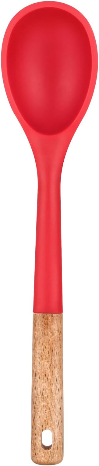 Large Silicone Cooking Spoons, Nonstick Solid Wooden Handle Spoon, Heat Resistan Silicone Kitchen Spoons for Cooking, Serving, Basting, Mixing, 13.2inch (RED)