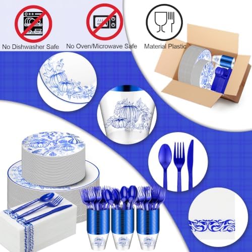 175 Pcs Rosh Hashanah Fall Plastic Dinnerware Set, Pumpkin, Blue - Image 3
