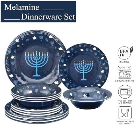 UPware 12 Piece Hanukkah Menorah Melamine Dinnerware Sets, Outdoor Dishes Set, Plates and Bowls Sets, Hanukkah Decorations, Service for 4, Indigo Blue - Image 4