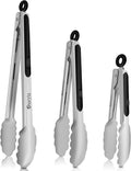 Stainless Steel Cooking Tongs Set of 3 - Heavy Duty 12/9/7 Inch Locking Tongs, Heat Resistant to 600 Degrees, Food Grade Kitchen Metal Tong for Food, Salad, & BBQ - Dishwasher Safe
