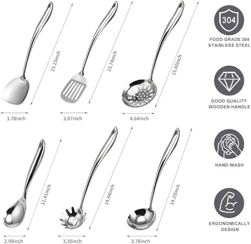 304 Stainless Steel Kitchen Utensils Set, VALESKA 6PCS Metal Cooking Utensils Set, Wok Spatula, Ladle, Skimmer Slotted Spoon, Pasta Spoon, Serving Large Ladle, Slotted Spatula Tunner