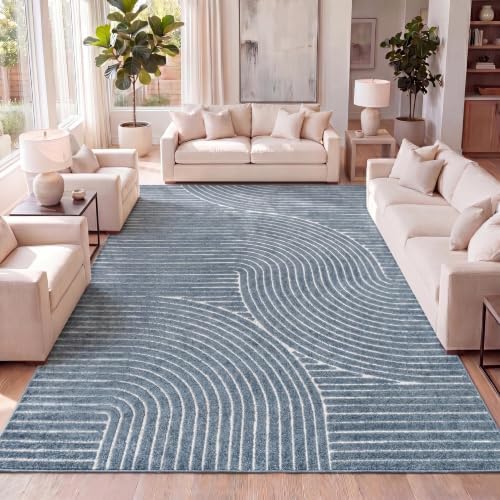 JONATHAN Y Hallie High-Low Curve Dark Blue/Cream 5x8 Indoor/Outdoor Area Rug, Minimalist Geometric, Pet Friendly, for Patio, Backyard, Living Room, Bedroom, Office, Hose-Washable (SCN100C-5) by JONATHANY