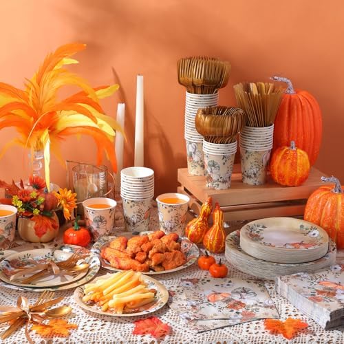 350pcs Thanksgiving Fall Dinnerware Paper Plate Napkins, Pumpkin Floral - Image 6