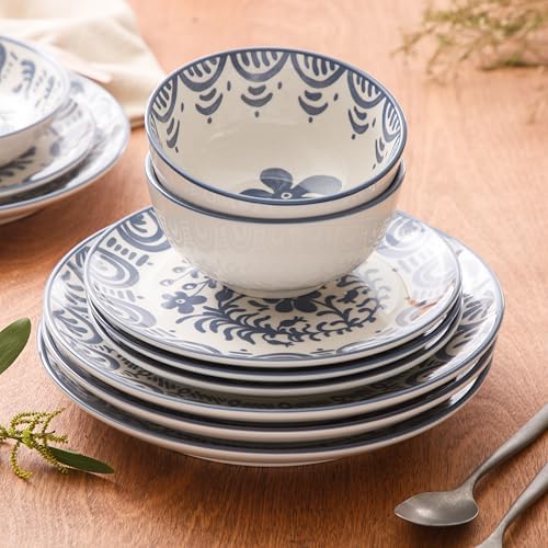 Bloomhouse - 2-Time Oprah’s Favorite Things - Valencia Flor 16 Piece Dinnerware Set, Artisanal Decorated Stoneware Plates & Bowls, Service for 4, Microwave & Dishwasher Safe, Iris Blue - Image 5