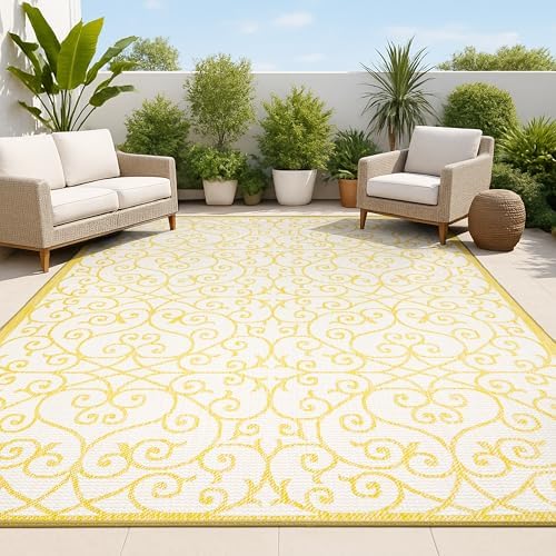 JONATHAN Y Vintage Filigree Indoor Outdoor Area Rug 4X6 Cream/Yellow, Madrid Textured Weave for Backyard, Patio, Porch, Easy-Cleaning, High Traffic, Pet-Friendly, Non-Shedding (SMB107D-4) by JONATHANY