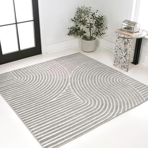 JONATHAN Y Hallie High-Low Curve Gray/Ivory 9x9 Square Indoor/Outdoor Area Rug, Minimalist, Pet Friendly, Non-Shedding, Stain Resistant, Hose-Washable for Backyard, Patio, Porch (SCN100A-9SQ) - Image 3