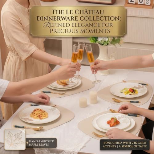 12 Piece Bone China Dinnerware Set for 4, Maple Leaf Gold Trim Gift - Image 4