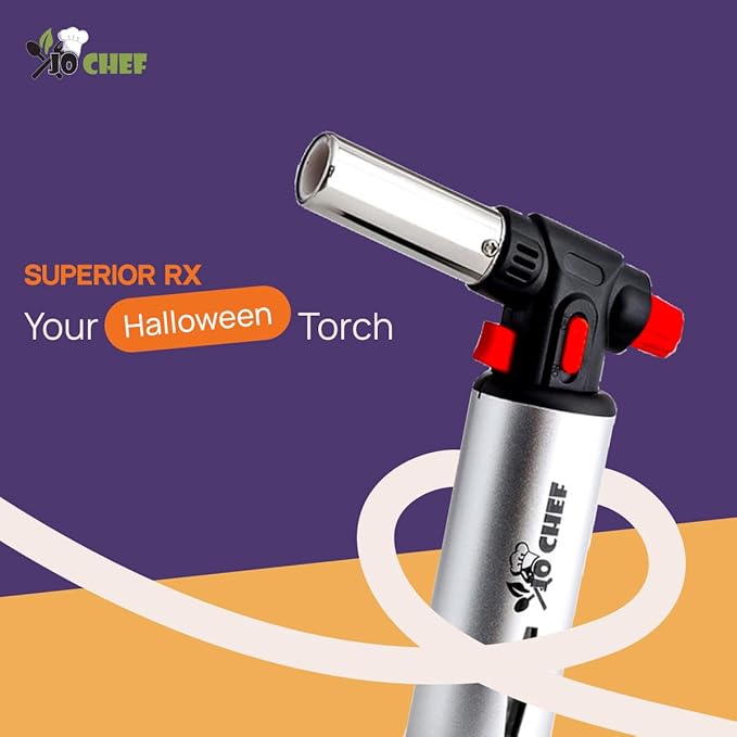 Jo Chef Kitchen Torch with Butane Included – Refillable butane torch Lighter with Safety Lock & Adjustable Flame, Culinary Blow Torch for Cooking, Creme Brulee and Soldering 2 Cans (3.38oz) Included