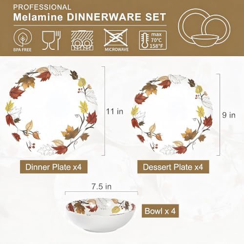 Melamine Dinnerware Set for 4, 12-Piece Fall Dishes, Yellow Maple Leaves - Image 2