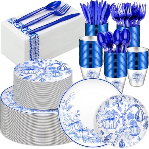 175 Pcs Rosh Hashanah Fall Plastic Dinnerware Set, Pumpkin, Blue by Sunnychicc