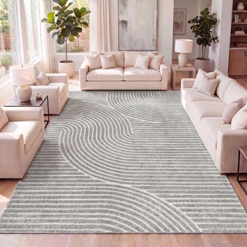 JONATHAN Y Hallie High-Low Curve Gray/Ivory Indoor/Outdoor Area Rug, 9x12, Minimalist, Pet Friendly, Non-Shedding, Stain Resistant, Hose-Washable for Backyard, Patio, Porch (SCN100A-9) by JONATHANY