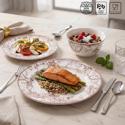 222 Fifth Adelaide Brown on White 12-Piece Dinnerware Set – Service for 4, Big Dinner Plates and Bowls Sets,Durable Porcelain, Microwave and Dishwasher Safe, for Everyday Dining & Entertainment - Image 6