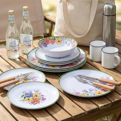 12-Piece Floral Melamine Dinnerware Sets, Green Camping Dishes Set - Image 5