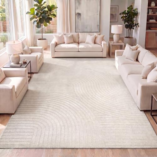 JONATHAN Y Hallie High-Low Curve Ivory/Cream Indoor/Outdoor Area Rug, 12x15, Minimalist, Pet Friendly, Non-Shedding, Stain Resistant, Hose-Washable for Backyard, Patio, Porch (SCN100B-15) by JONATHANY