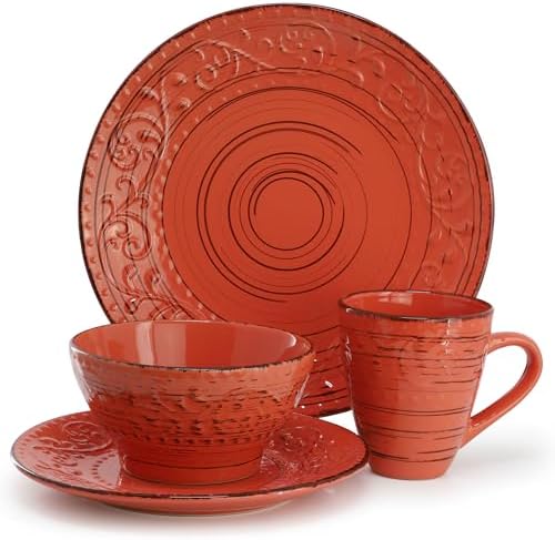 Elama Malibu Jasper 16-Piece Stoneware Embossed Pattern Reactive Glaze Orange Dinnerware Set, Tableware, Serveware Set (Jasper Orange) - Image 2
