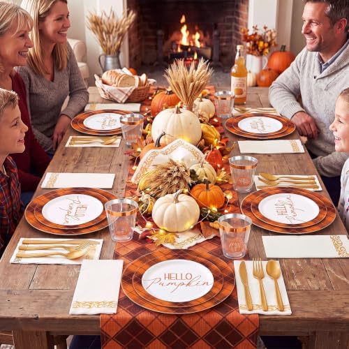 175 Pcs Rosh Hashanah Fall Plastic Dinnerware Set, Plaid, Orange - Image 6