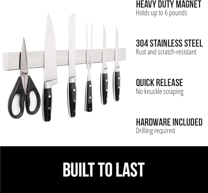 GORILLA GRIP Stainless Steel Magnetic Knife Holder for Wall, Multi-Purpose Magnet Bar for Knives, Tools, Art Supplies, Heavy Duty Strip Holds Up to 6 lbs, Kitchen Organizer, Drilling Required, 10 Inch
