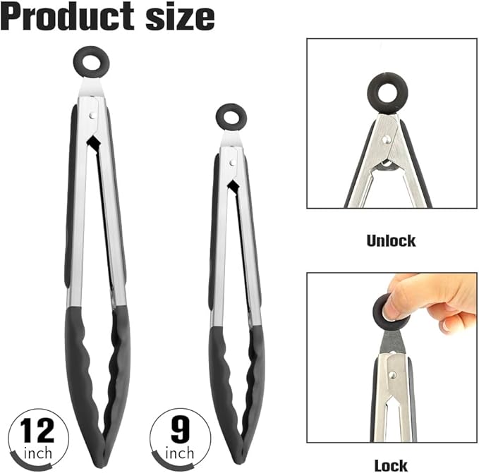 Kitchen Tongs 9'' and 12'' Tongs for Cooking 2 Pcs Black Silicone Tongs Stainless Steel Locking Food Tongs with Silicone Tips Heat Resistant Serving Tong for BBQ Food Grilling Salad Kitchen Utensils