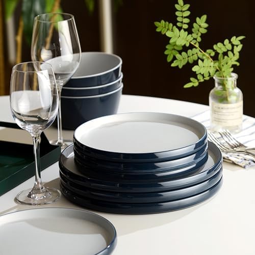 Melamine Dinnerware Sets,Plate and Bowl Set for 4,Navy Blue,Gray - Image 2