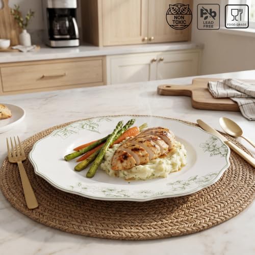 222 Fifth 12-Piece Porcelain Dinnerware Set for 4, Elegant Floral Plates and Bowls Sets-White/Green Ceramic Dishes, Chip Resistant Kitchen & Dining Dish Set, Microwave & Dishwasher Safe, Hudson Valley - Image 6