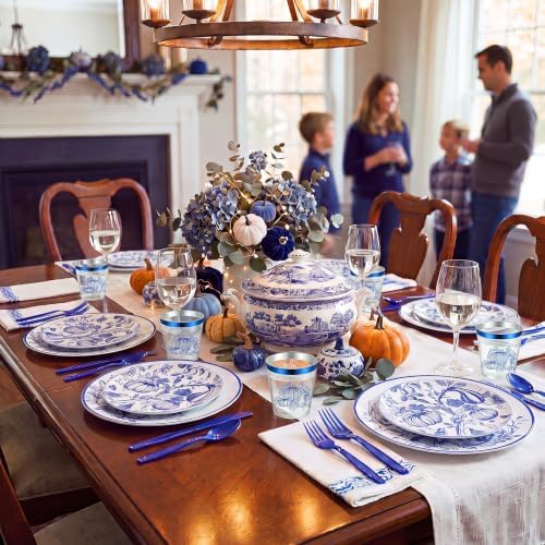 175 Pcs Rosh Hashanah Fall Plastic Dinnerware Set, Pumpkin, Blue - Image 6