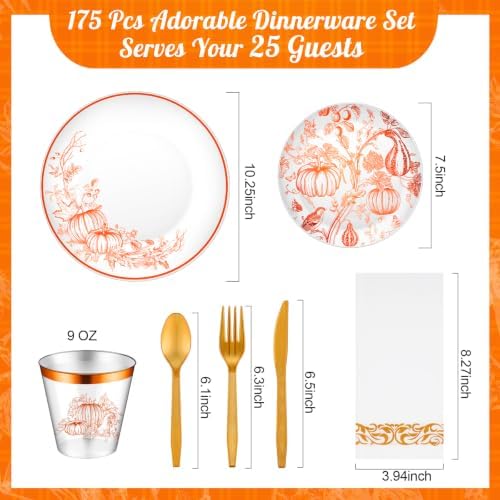 175 Pcs Rosh Hashanah Fall Plastic Dinnerware Set, Pumpkin, Orange - Image 2