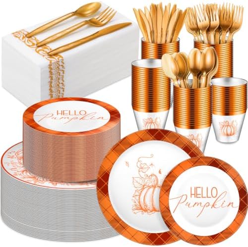 175 Pcs Rosh Hashanah Fall Plastic Dinnerware Set, Plaid, Orange by Sunnychicc