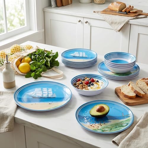 Outdoor Melamine Dinnerware Set for 4, 12-Piece Sailboat Plates and Bowls - Image 7